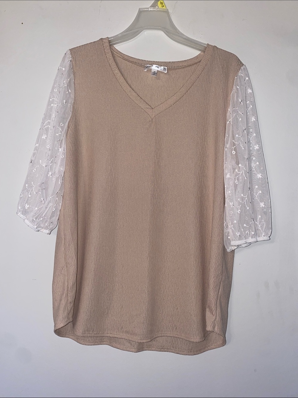 Women's Beige V-Neck Blouse with Sheer White Embroidered Sleeves